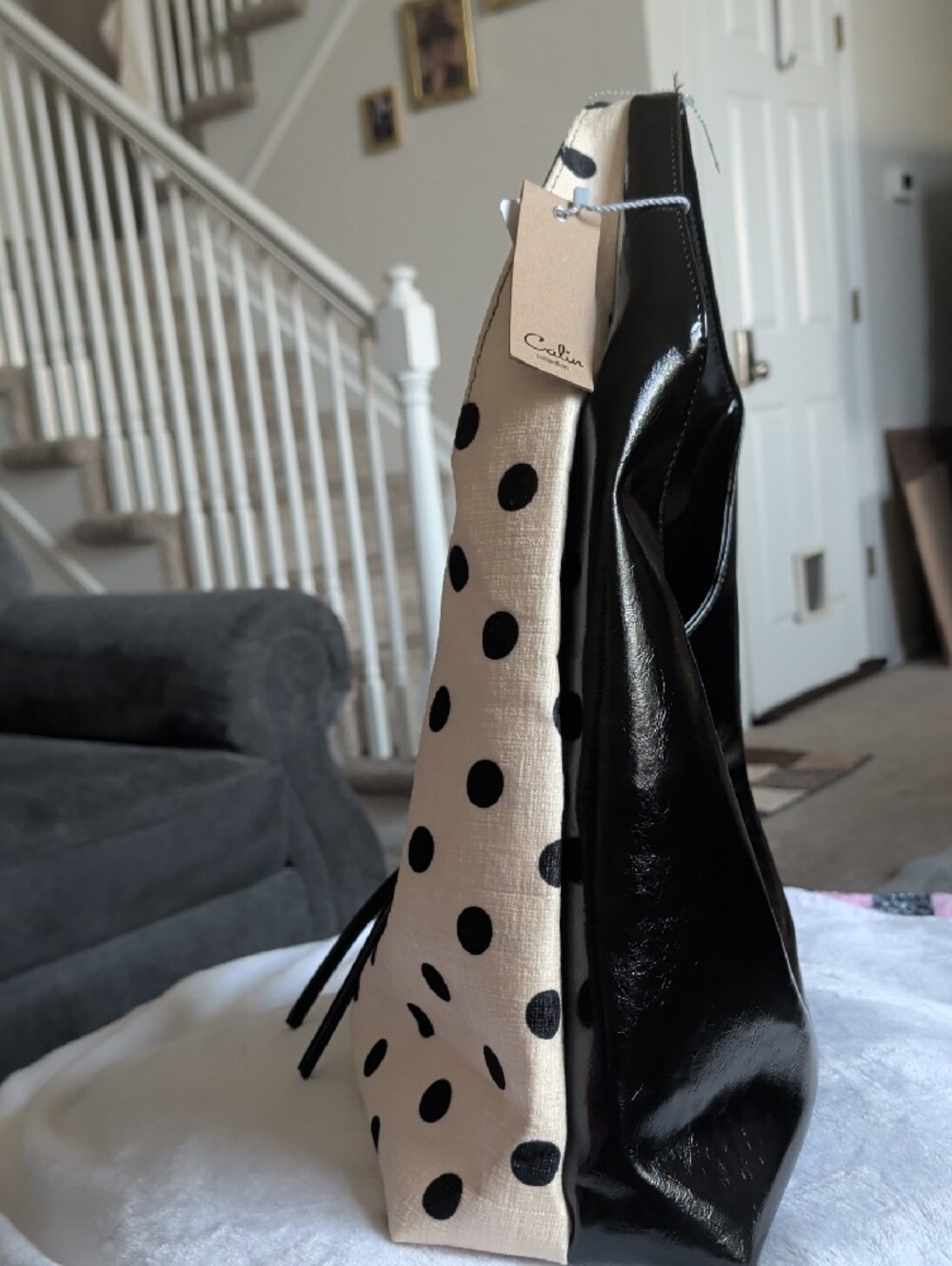 Cream and Black Polka Dot Shoulder Bag - Classic Canvas Hobo - Picture 3 of 3